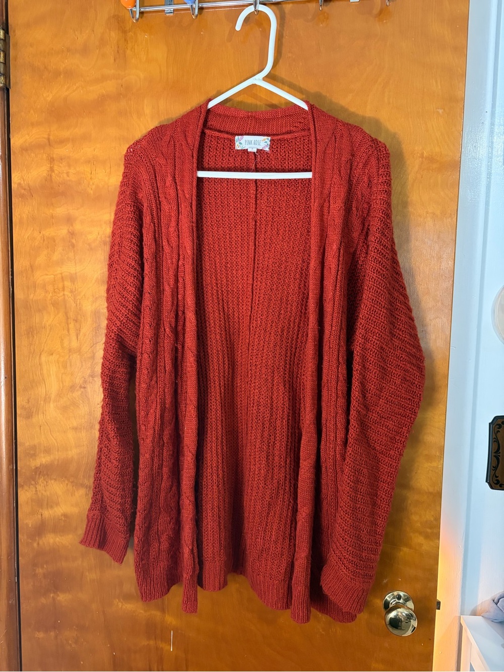Pink Rose Open-Front Cable Knit Cardigan - Deep Rust